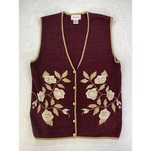 Vintage Jaclyn Smith Sweater Vest Sz L Burgundy Shimmery Holiday Party Button Up